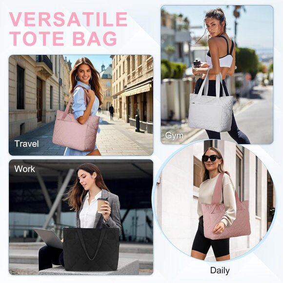 Pink Water Resistant Polyester Quilted Tote Bag for Women, Large Capacity, Puffe - Picture 6 of 7